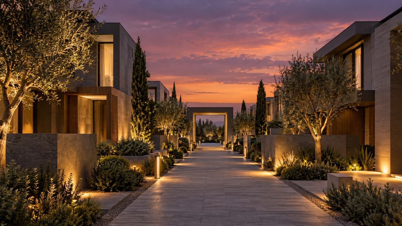 Modern residential villas illuminated at night