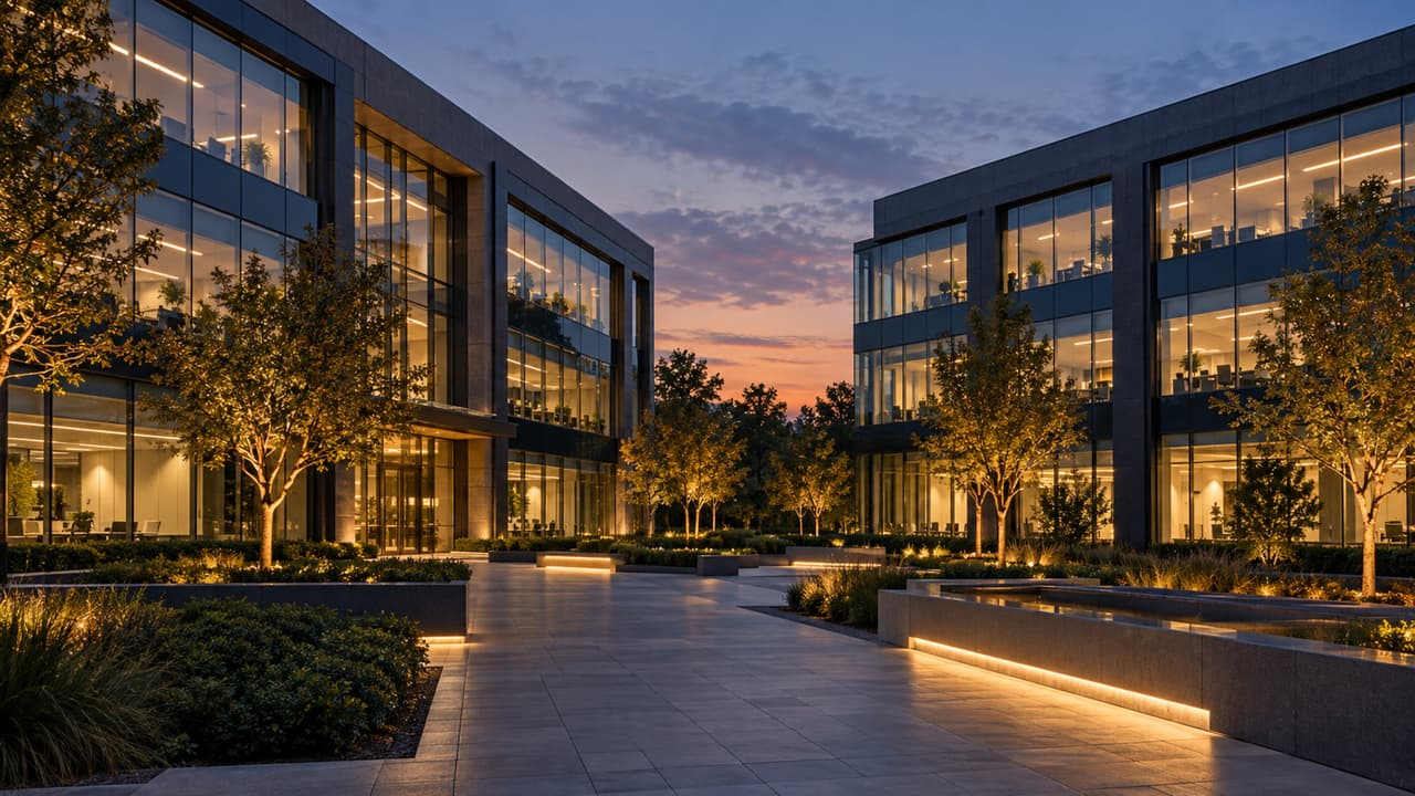 Glass office park buildings lit at night