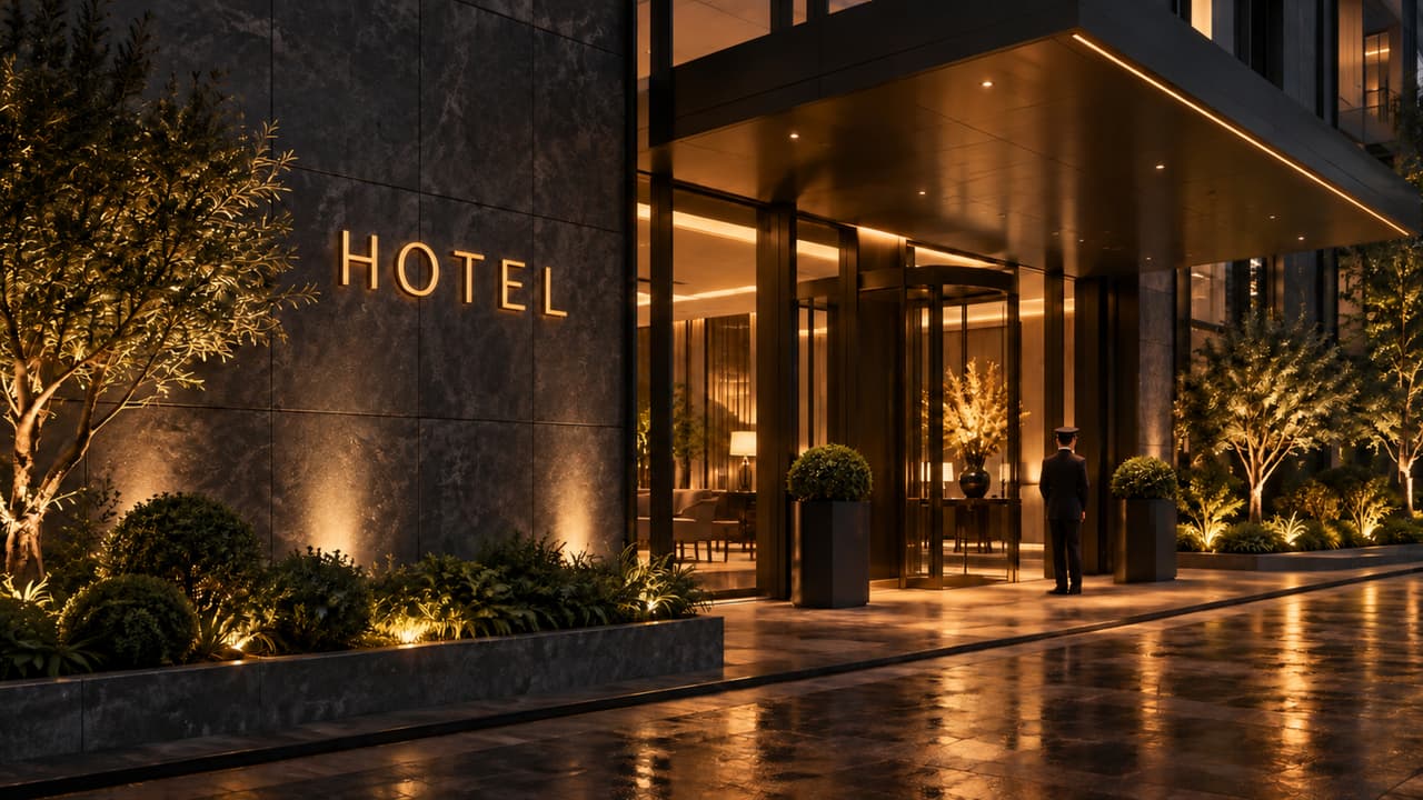 Hotel entrance with illuminated signage at night
