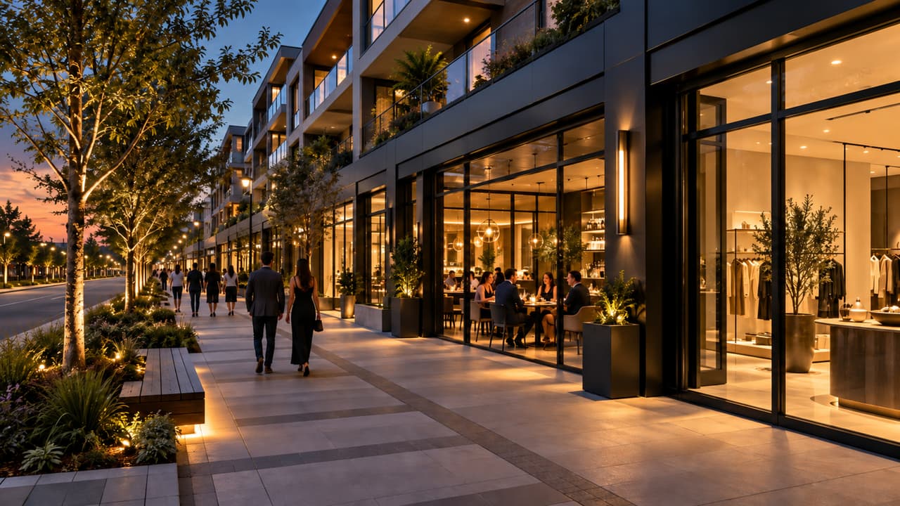 Lit mixed-use corridor with outdoor seating at night