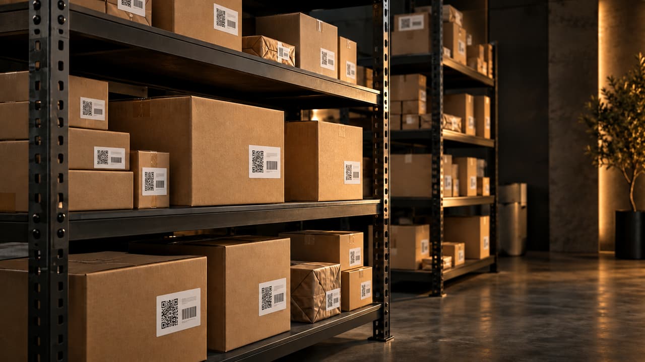 Warehouse shelving with inventory boxes